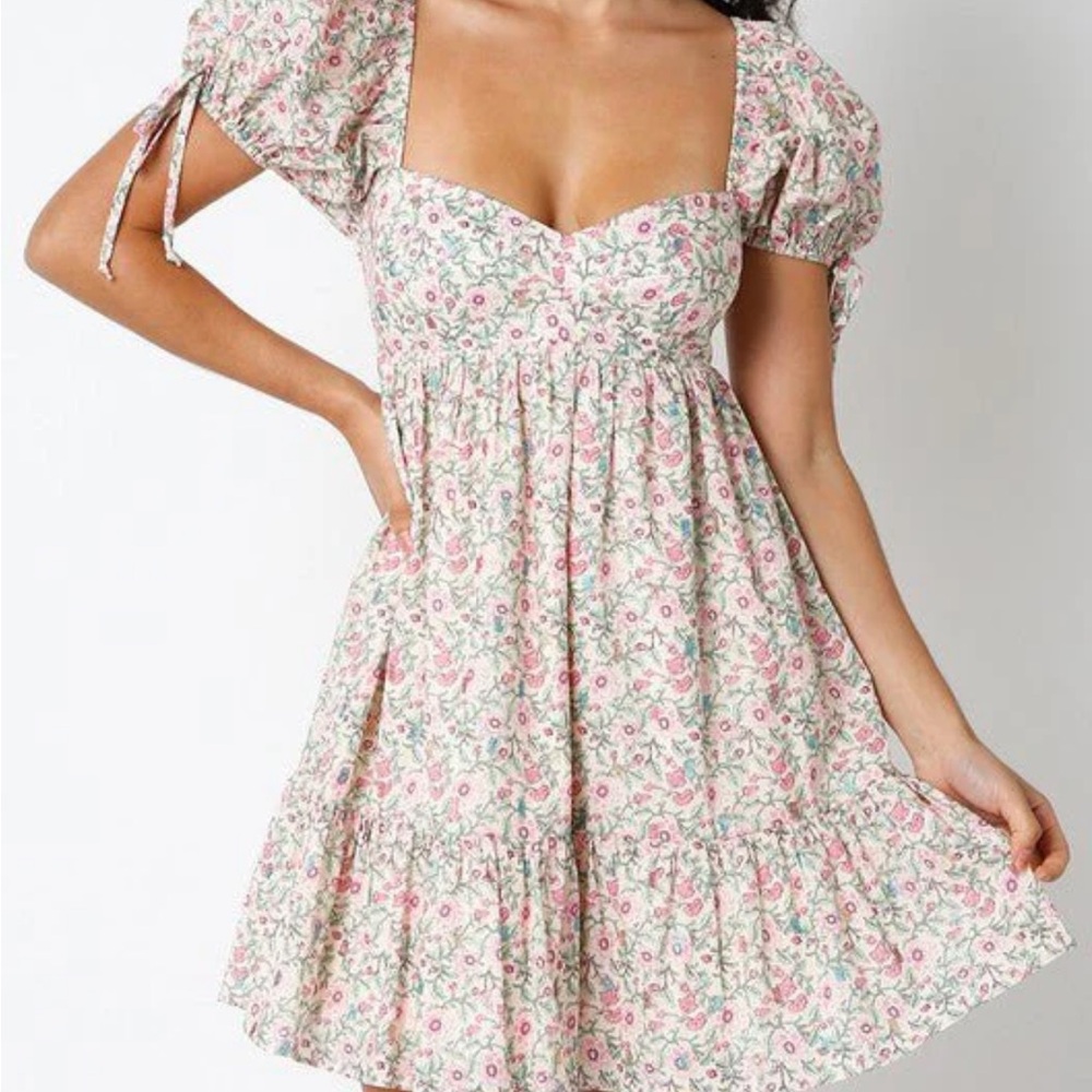 Pink & Green Floral Puff sleeve babydoll  dress